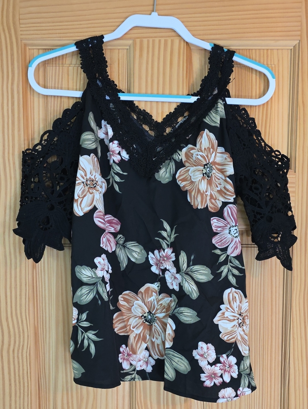 Floral Cold-Shoulder Lace Trim Top - Black/Brown Floral